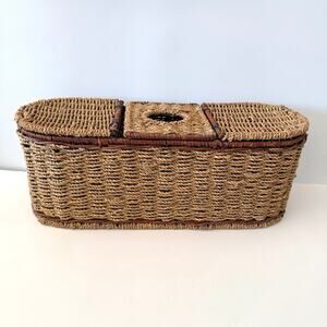 Vintage Wicker Rattan 3 Compartment Tissue Holder Toilet Paper Storage Hinged